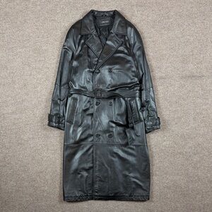 Vintage Lineage Black Leather Double Breasted Long Belted Trench Coat Men’s XL